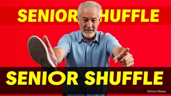 Informative image on senior shuffle exercises with shoes and man.