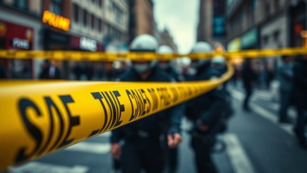 Police line tape with blurred officers behind at Bixby Knolls crash scene.