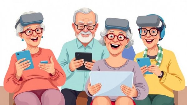 Colorful cartoon of seniors with tech gadgets for tech gift ideas.
