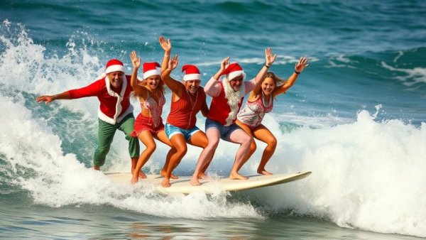 Surfing Santas Cocoa Beach riding the waves in festive costumes.