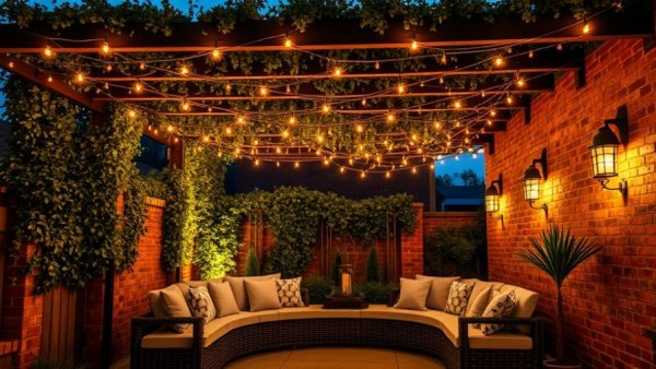 Charming pergola lighting ideas with cozy seating area.