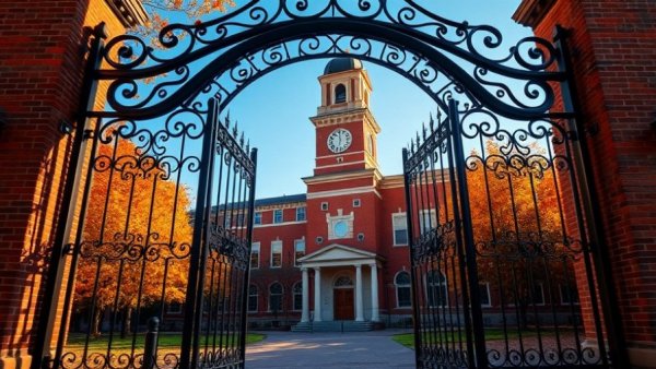 Historic university gate in autumn with red brick architecture.
