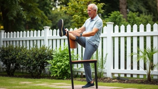 Man shows balance exercise in garden using chair.
