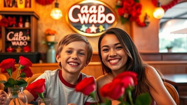 Boy and woman video call in restaurant with Sammy Hagar merchandise.