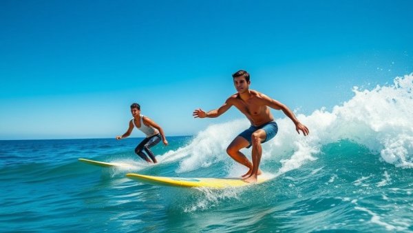 Surfers practicing step back technique in sunny ocean waves.