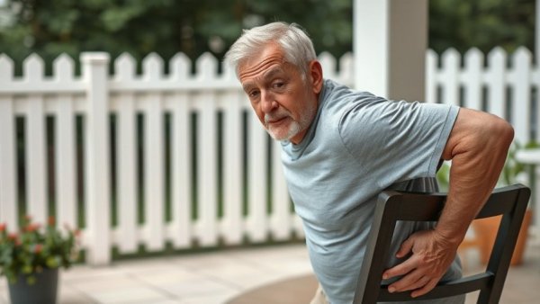 Older man demonstrating hip hinge technique for seniors with a chair outdoors