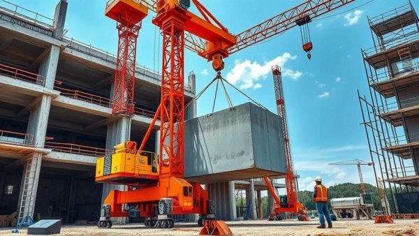 HS2 construction site with crane lifting slab, enhancing productivity.