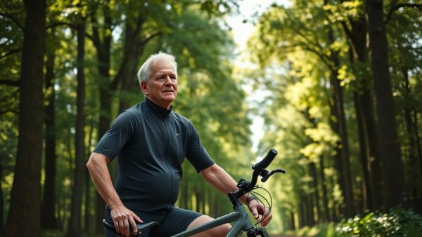 Mindfulness for Seniors: elderly man cycling in tranquil forest.