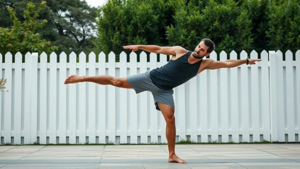 Man demonstrating exercises for steadier legs for seniors on a patio.