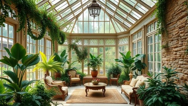 Elegant sunroom with seating and greenery, enclosed sunroom design ideas.