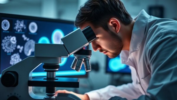 Technician using microscope for IVF process in a lab, highlighting assisted reproductive technology.