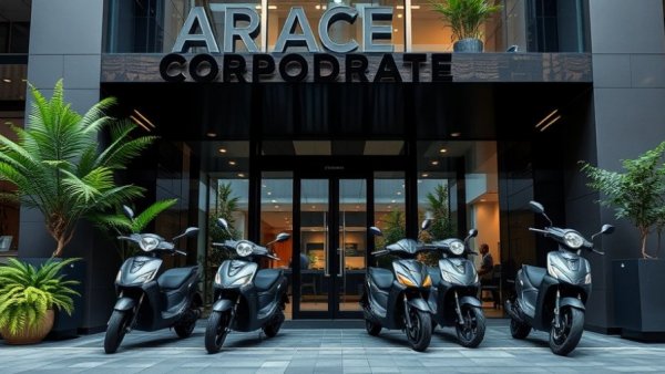 Corporate office entrance, black design with electric scooters - employee benefits and ESOP strategies.