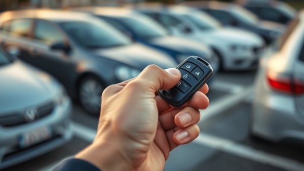Close-up of hand with car key fob in parking lot.