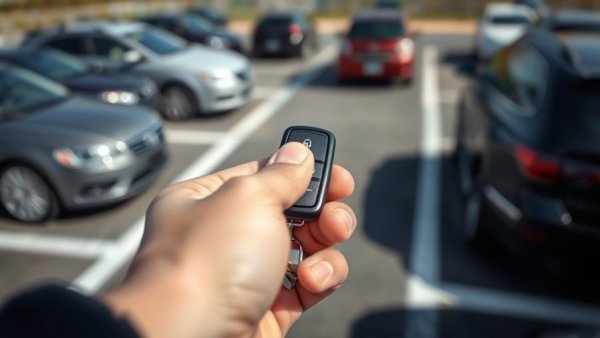 Key fob in hand, parking lot background, key fob theft vehicle.