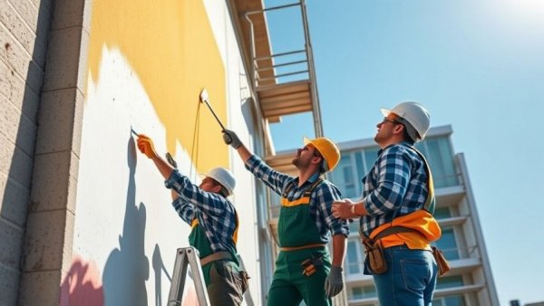 Construction workers painting a building, focusing on teamwork and higher minimum wages.