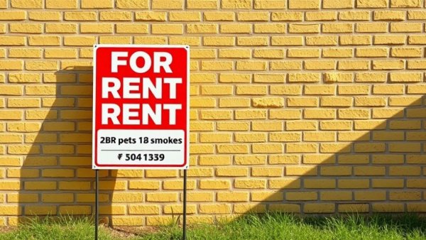 For rent sign with rental details on yellow brick wall, highlighting rental offers. California law requires a working fridge in all apartments.