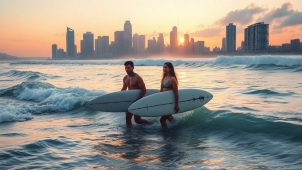 Surfers entering ocean at sunset, city skyline in background.