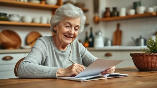 Elderly woman at home writing a legacy letter at a kitchen table