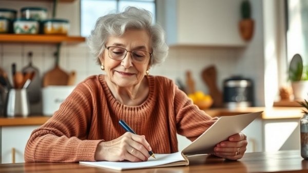 Elderly woman writing legacy letters at a kitchen table.