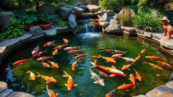 Colorful koi fish pond design with stone border and waterfall.