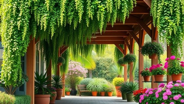 Charming carport landscaping with hanging plants and colorful flowers.