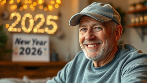 Man with gray cap discussing 2025 New Year review, upgraded plumbing fixtures.