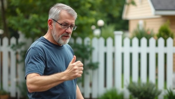 Casual middle-aged man demonstrating walking trick to stop senior falls.