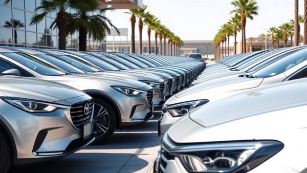 Modern silver cars at a California dealership, illustrating car buying rules.
