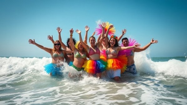 Surf City Splash Huntington Beach event with people in costumes in ocean.