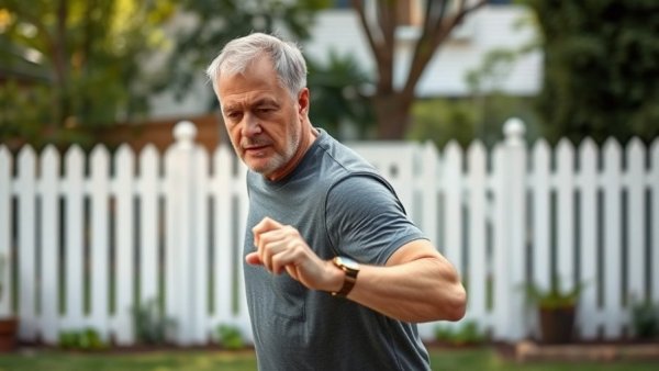 Middle-aged man demonstrating lateral step exercise in a backyard.