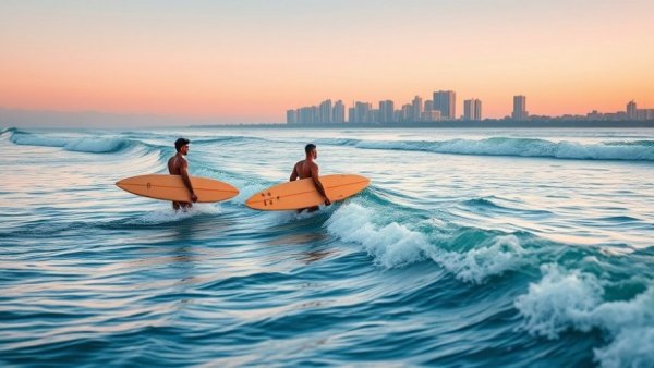 Surfers embracing the Power Pilates Surf Flow at sunrise near a cityscape.