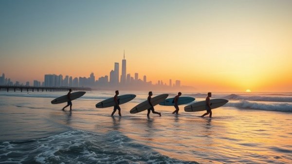 Surfers walking with boards at sunset, city skyline in background.