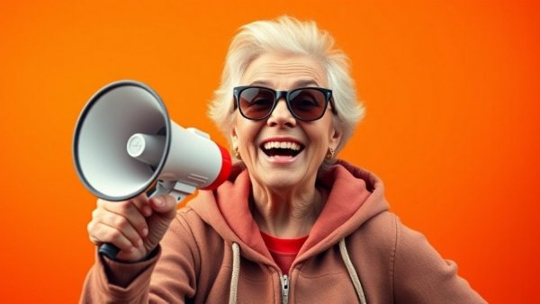 Elderly woman with megaphone challenging societal perceptions of aging women.