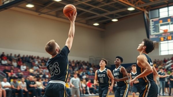 High school basketball game action in Orange County arena.