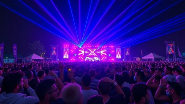 Vibrant outdoor concert with colorful lasers and large crowd.