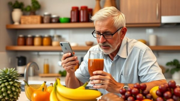 Elderly man uses smartphone apps in kitchen, apps to help seniors with resolutions.