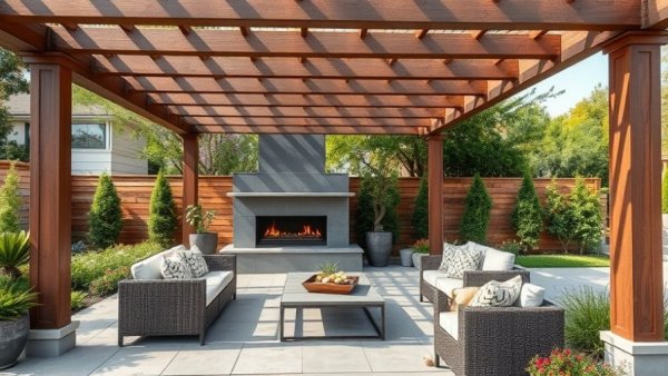 Elegant pergola outdoor living space design with modern seating.