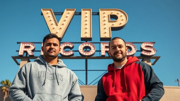 Two men in casual wear in front of VIP Records sign, Long Beach.