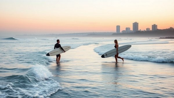 Surfers walking into ocean with surfboards at sunrise