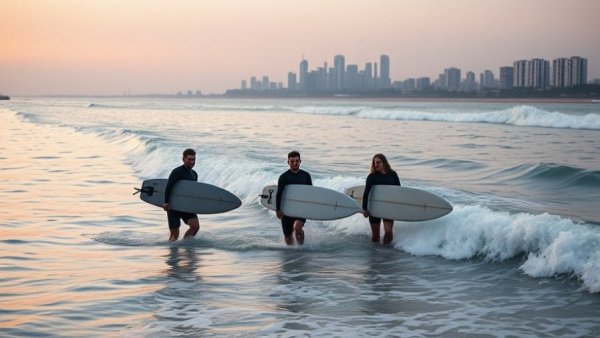 Surfers with boards entering the ocean at sunset, city skyline.