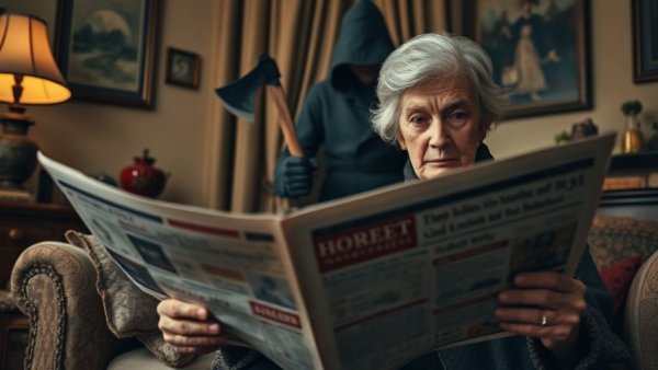 Older woman calmly reading newspaper with mysterious figure and axe.