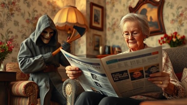 Joyful Aging with Lorraine Bracco: Woman calmly reading as hooded figure stands beside in vintage room.