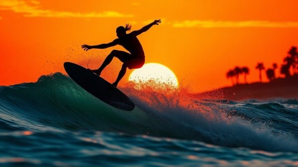 2026 surfing resolutions silhouette surfer at sunset performing aerial trick.