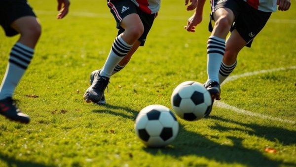 Boys soccer match action in Orange County, legs kicking ball.