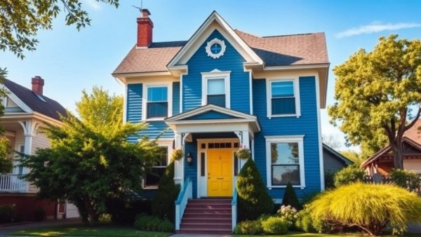 Charming blue house with yellow door in lush neighborhood.