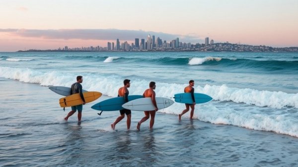 Surfers in a Paddle Harder & Faster Workout at sunset.