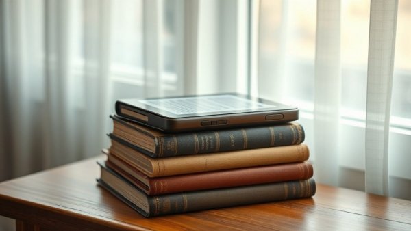 Serene image of books and e-reader on wooden table for Senior Planet Book Club voting.