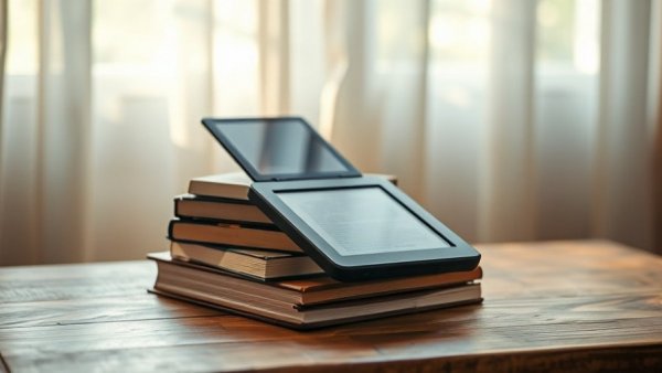 Vintage books with e-reader on wooden table, Senior Planet Book Club.