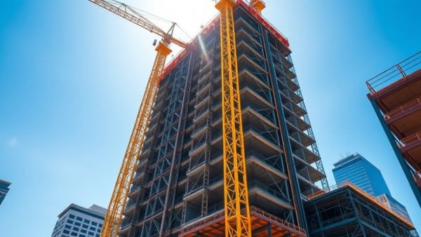 What is Commercial Construction: Building site with cranes and framework