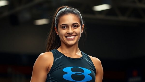 Confident young female wrestler from Orange County’s top boys and girls wrestlers, smiling in gym.